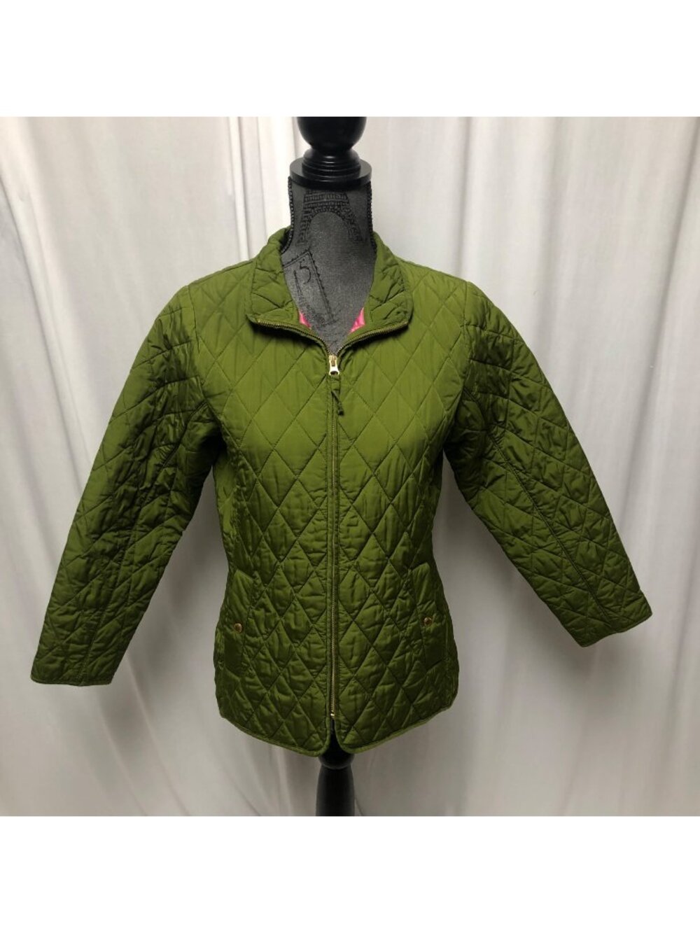 Lands End Quilted Jacket Girls Size Large 14 Dory Green Pink Plaid Lining Coat